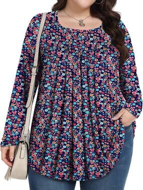 Tencede Top 3XL Navy Blue Floral Long Sleeve Scoop Neck Stretch